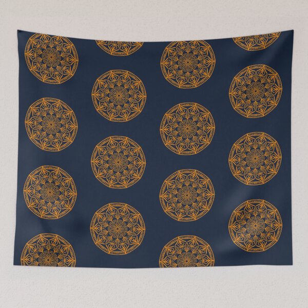 Item preview, Mustard Yellow Mandala on a Navy Blue Background  designed and sold by thesnowwhyte.