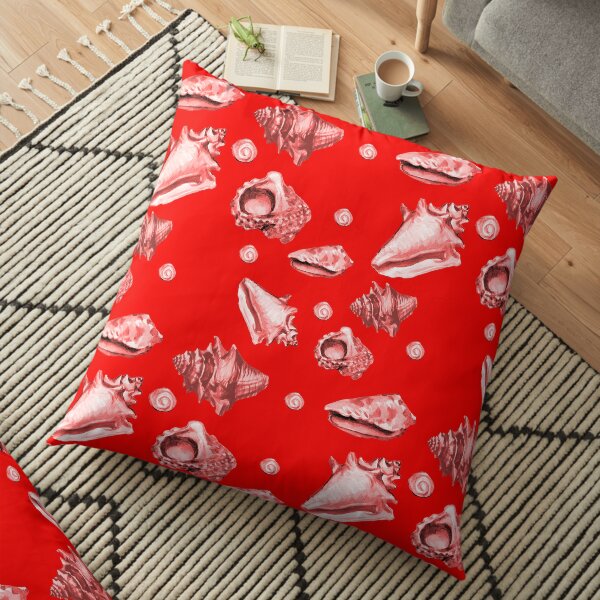 Decorative Red grey white pattern of seashells and red background, Shells, beach shells Floor Pillow