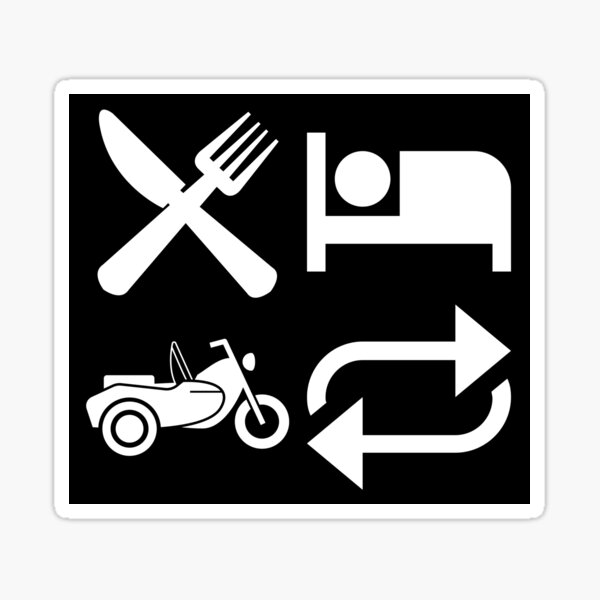 Eat, Sleep, Ride, Repeat—Sidecar Motif (White Text) Sticker