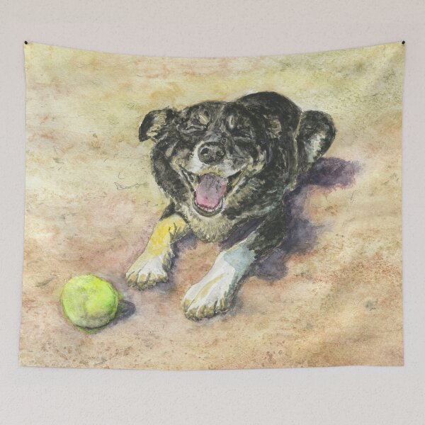 Item preview, Harry the border collie is a happy dog on the beach with a tennis ball designed and sold by LymphomaLass.