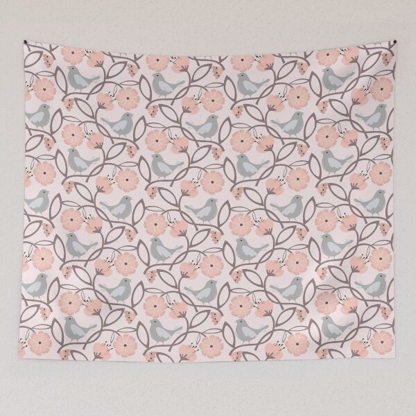 Aperçu de l'œuvre Motif floral élégant, fleurs roses, oiseaux gris, fond blanc créée et vendue par Jaydee001.