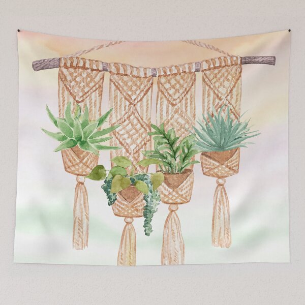 Item preview, Macramé Hanging Basket - Cute Potted Plants Watercolor Art designed and sold by SeasonsChange-.