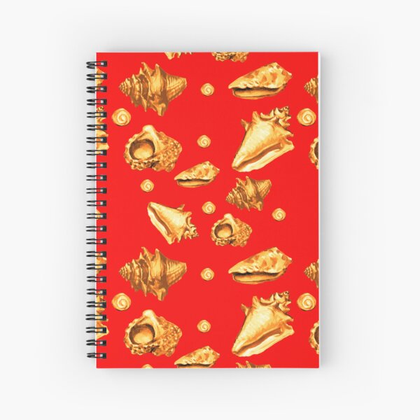 Golden seashells on a red background, Shells, beach shells nature Spiral Notebook
