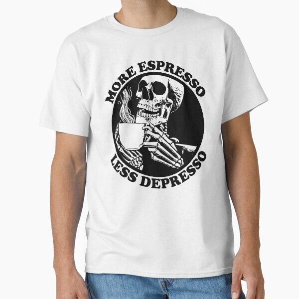 Item preview, More Espresso Less Depresso, Skeleton Drinking Coffee, Black designed and sold by anghelapparel.