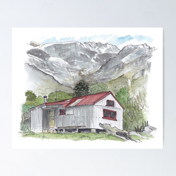 Item preview, Douglas Rock Hut - Aspiring National Park Watercolour designed and sold by Tom Napper Design.