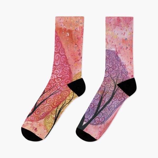 Item preview, In the firelight - colourful watercolour swirly trees against a sky of fire designed and sold by klbailey.