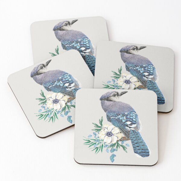 Elegant Bird On Flower Blue Set of 4 Coasters 