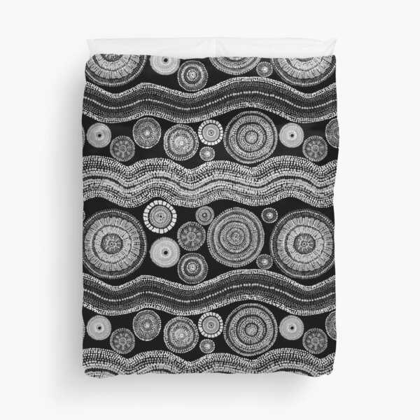 Authentic Aboriginal Art Gift- Pathways and circles Black & White Duvet Cover