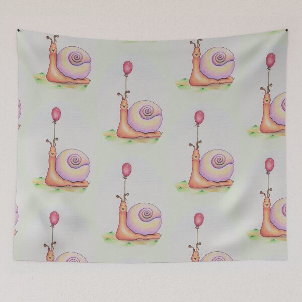 Artikelvorschau, Niedliche lächelnde Partyschnecke mit einem roten Ballon, Buntstiftzeichnung von Vicki Noble, ehemals Bower entworfen und verkauft von Vicki Noble Art.