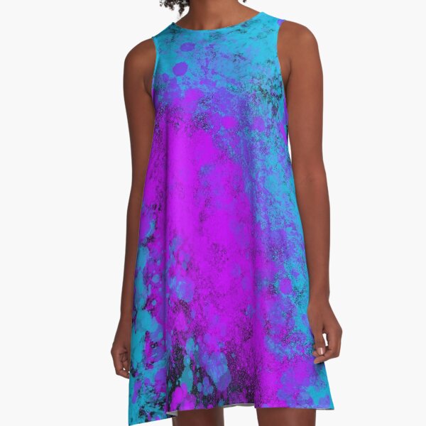 Blue Purple Splatter Spray Paint on Black A-Line Dress