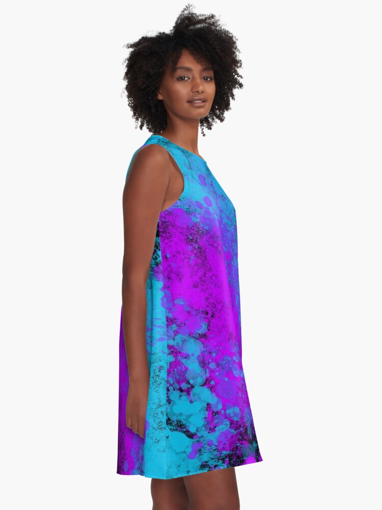A-Line Dress, Blue Purple Splatter Spray Paint on Black designed and sold by that5280lady