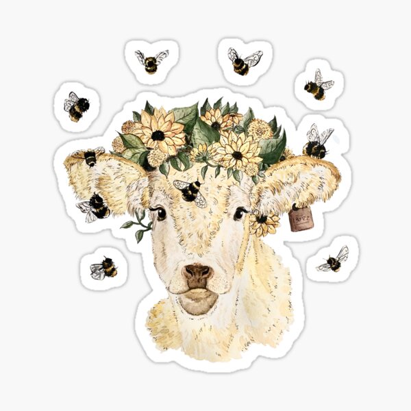 Vista previa del artículo con la obra «Pintura de acuarela de diente de león amarillo, girasol, abeja y vaca», diseñado y vendido por Abigaillynnarts.