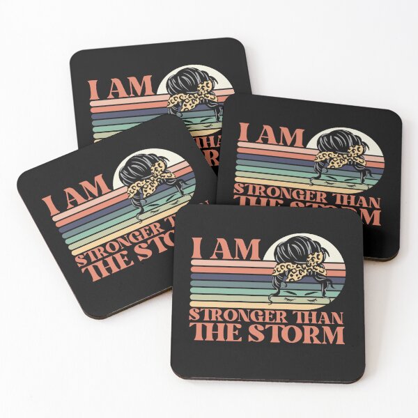 Item preview, I am stronger than the storm, inspirational quote about life and strength with a retro sunset girl with a leopard print bun accent designed and sold by Auntieck.