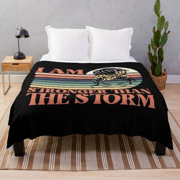 Item preview, I am stronger than the storm, inspirational quote about life and strength with a retro sunset girl with a leopard print bun accent designed and sold by Auntieck.