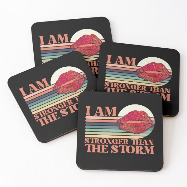 Item preview, I am stronger than the storm, inspirational quote about life and strength with a retro sunset girl with a leopard print pouty lips accent designed and sold by Auntieck.