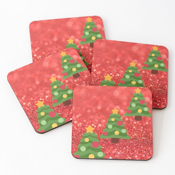 Item preview, Print on demand Christmas tree and bells in shimmering coral red background designed and sold by ThamaraiSelvi.