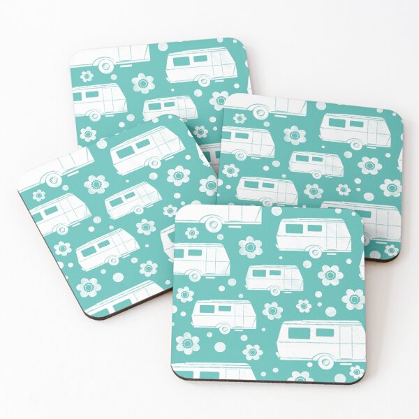 Item preview, Vintage Caravan block print in light teal and white designed and sold by NattyDesigns.