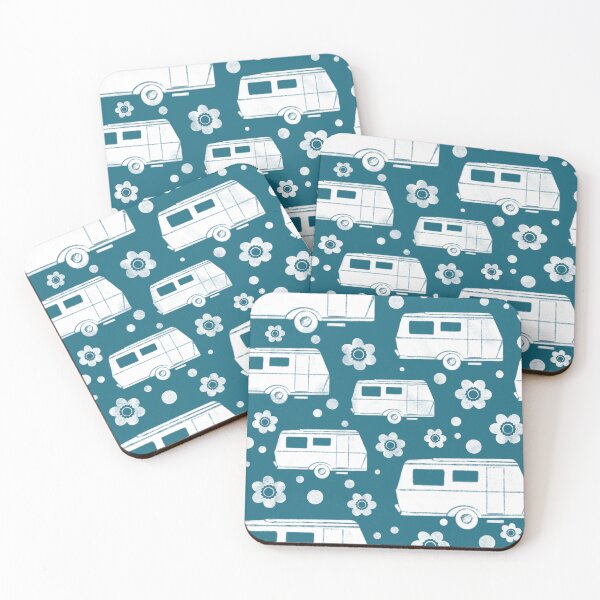 Item preview, Vintage Caravan block print in dark teal and white designed and sold by NattyDesigns.