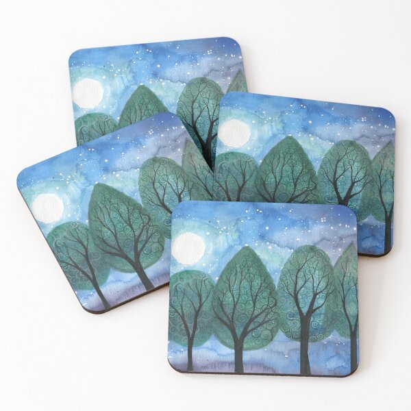 Item preview, Midnight forest - Swirly green and silver tipped trees against a starry moonlit sky designed and sold by klbailey.