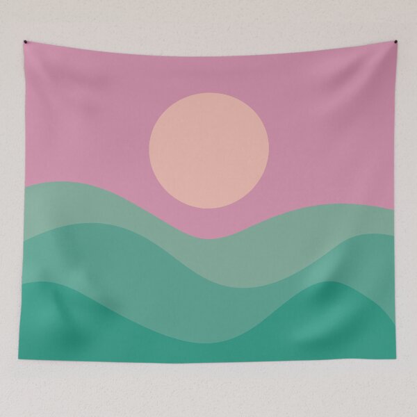 Aperçu de l'œuvre Collines vertes herbeuses avec un design minimaliste de ciel rose créée et vendue par Creations-By-Em.