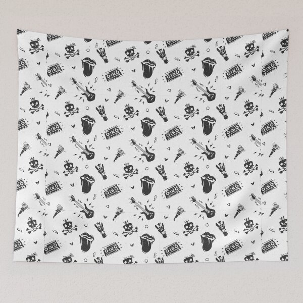 Item preview, Black and white funny rock music vintage pattern with audio cassette, microphone, lips, skull and guitar designed and sold by Vector-Vision.