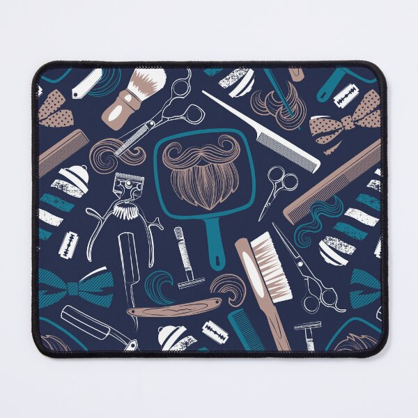 Item preview, Shear shave shine // midnight blue background brown teal and white vintage barber shop tools designed and sold by SelmaCardoso.
