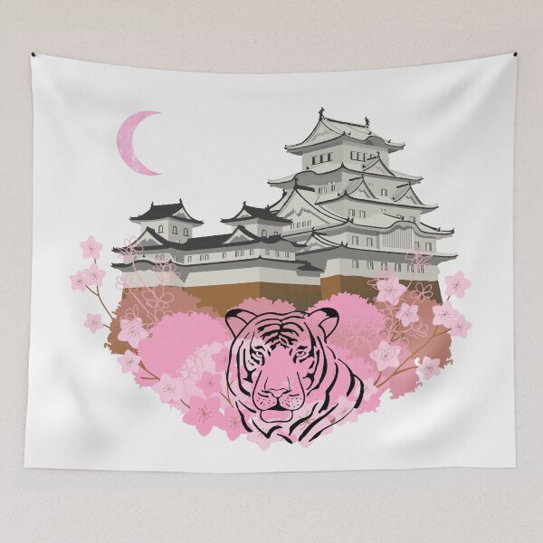 Item preview, China Temple with Pink Cherry Blossom, Moon, and White Tiger designed and sold by SMillustrations.