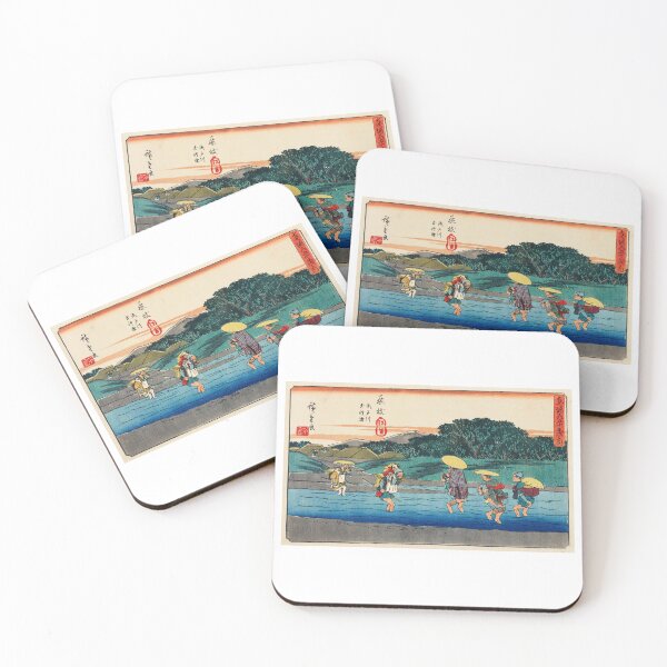 Item preview, Japanese travellers crossing a stream - Traditional Japanese Landscape Ukiyo e style designed and sold by FrostMintStudio.