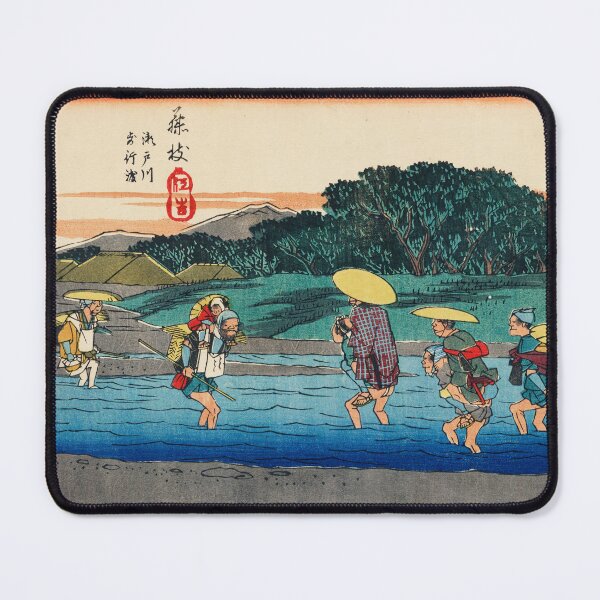 Item preview, Japanese travellers crossing a stream - Traditional Japanese Landscape Ukiyo e style designed and sold by FrostMintStudio.