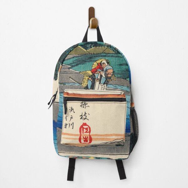 Item preview, Japanese travellers crossing a stream - Traditional Japanese Landscape Ukiyo e style designed and sold by FrostMintStudio.