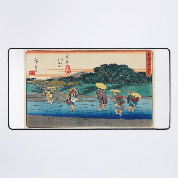 Item preview, Japanese travellers crossing a stream - Traditional Japanese Landscape Ukiyo e style designed and sold by FrostMintStudio.