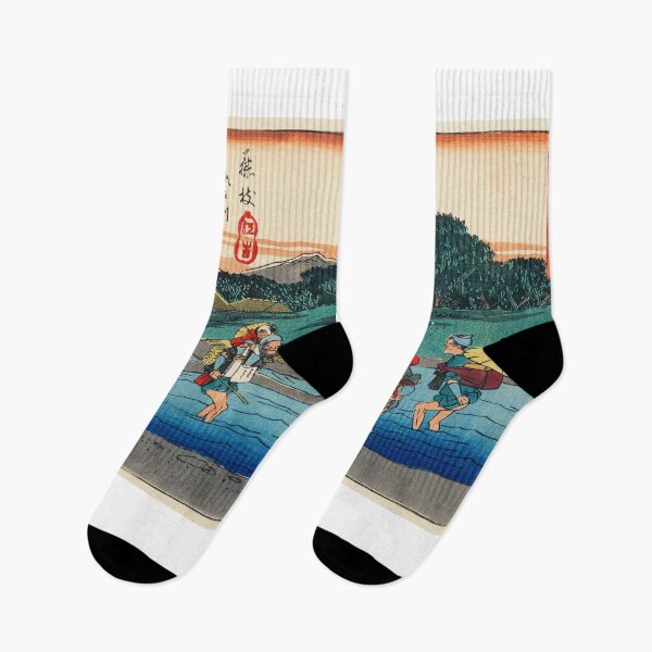 Item preview, Japanese travellers crossing a stream - Traditional Japanese Landscape Ukiyo e style designed and sold by FrostMintStudio.