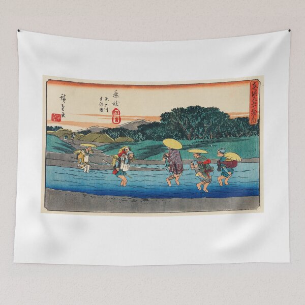 Item preview, Japanese travellers crossing a stream - Traditional Japanese Landscape Ukiyo e style designed and sold by FrostMintStudio.