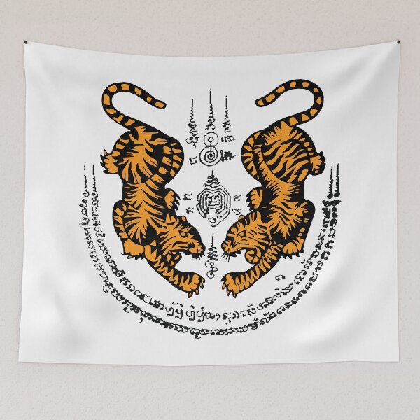 Item preview, sak yant, muay thai tattoo double tiger, twin tiger on white designed and sold by NineJuly.