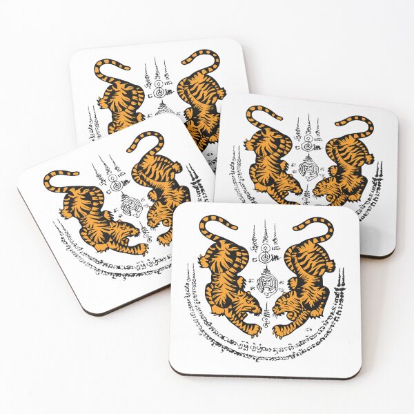 Item preview, sak yant, muay thai tattoo double tiger, twin tiger on white designed and sold by NineJuly.
