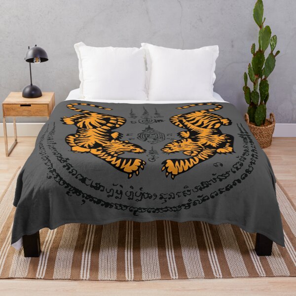 Item preview, sak yant, muay thai tattoo double tiger, twin tiger on dark gray designed and sold by NineJuly.