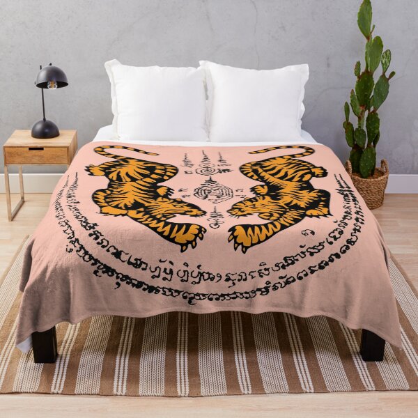 Item preview, sak yant, muay thai tattoo double tiger, twin tiger on peach designed and sold by NineJuly.