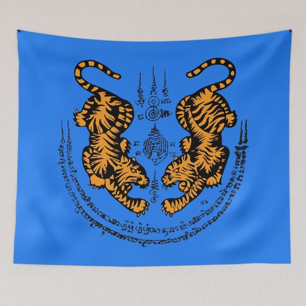 Item preview, Sak yant, tatuaje de muay thai doble tigre, tigre gemelo en azul designed and sold by NineJuly.