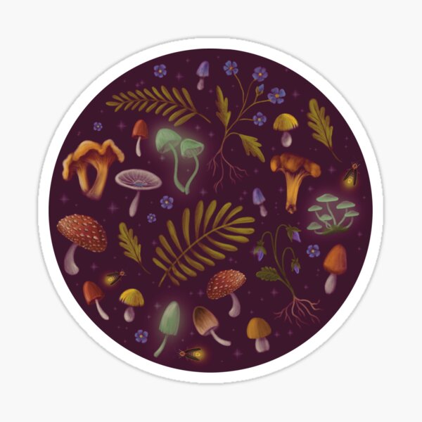 Midnight Mushrooms and Fireflies Sticker