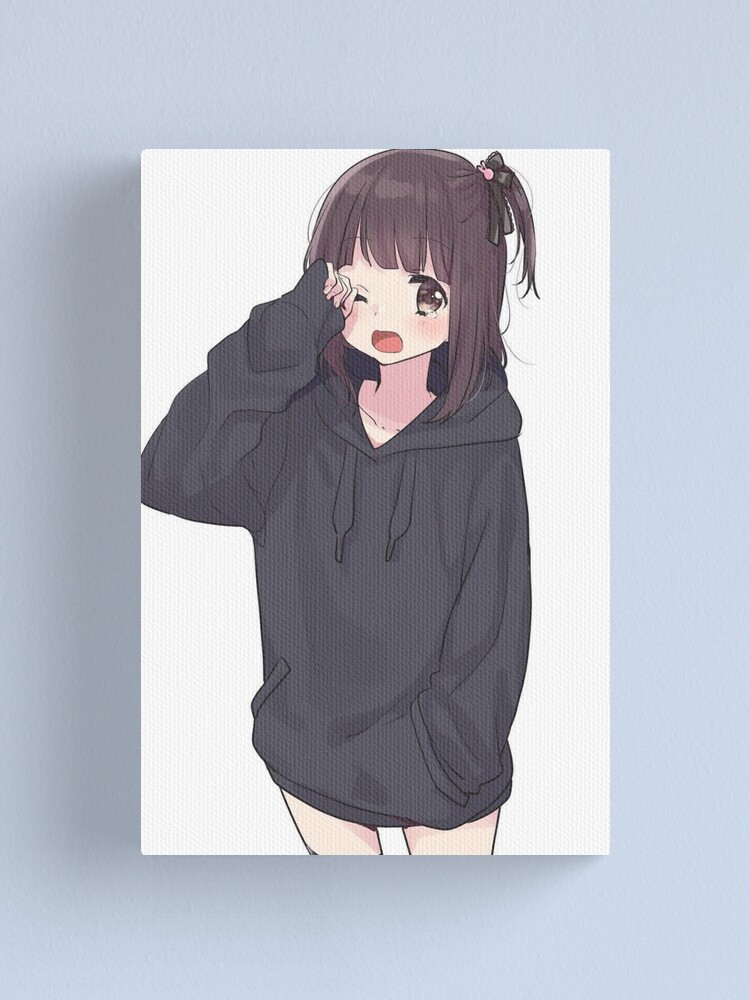 Kawaii Anime Girl In Black Hoodie | Canvas Print