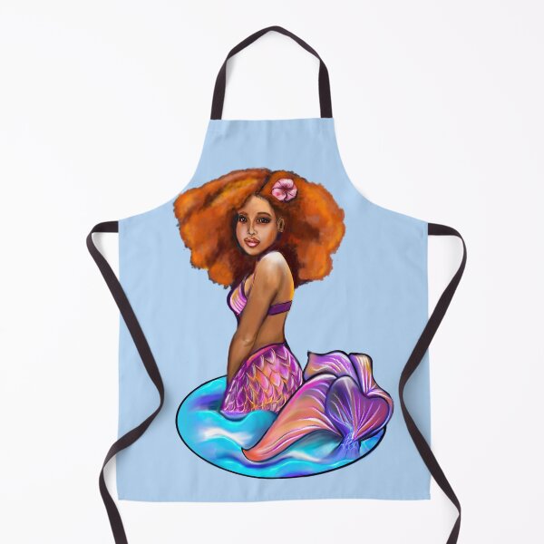Item preview, Amber the Mermaid princess with rainbow coloured colored fins, hibiscus, outstretched arm, brown eyes, Curly hair and caramel brown skin - light background designed and sold by Artonmytee.