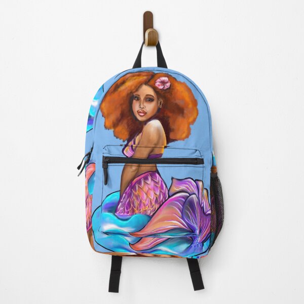 Item preview, Amber the Mermaid princess  with rainbow coloured colored fins, hibiscus, outstretched  arm, brown eyes, Curly hair  and caramel brown skin - light background designed and sold by Artonmytee.