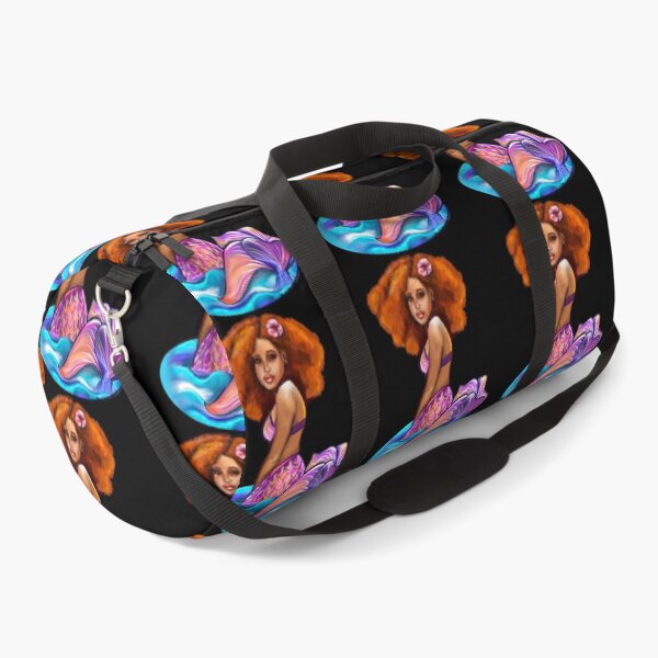 Item preview, Amber the Mermaid princess  with rainbow coloured colored fins, hibiscus, outstretched  arm, brown eyes, Curly hair  and caramel brown skin - light background designed and sold by Artonmytee.