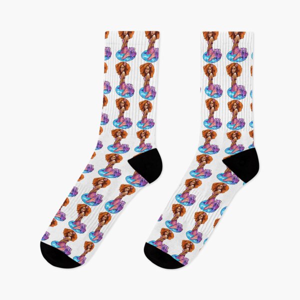 Item preview, Amber the Mermaid princess  with rainbow coloured colored fins, hibiscus, outstretched  arm, brown eyes, Curly hair  and caramel brown skin - light background designed and sold by Artonmytee.