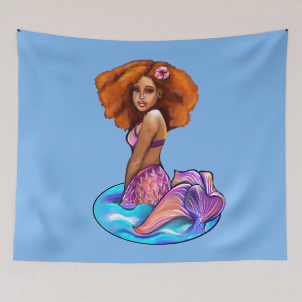 Item preview, Amber the Mermaid princess  with rainbow coloured colored fins, hibiscus, outstretched  arm, brown eyes, Curly hair  and caramel brown skin - light background designed and sold by Artonmytee.
