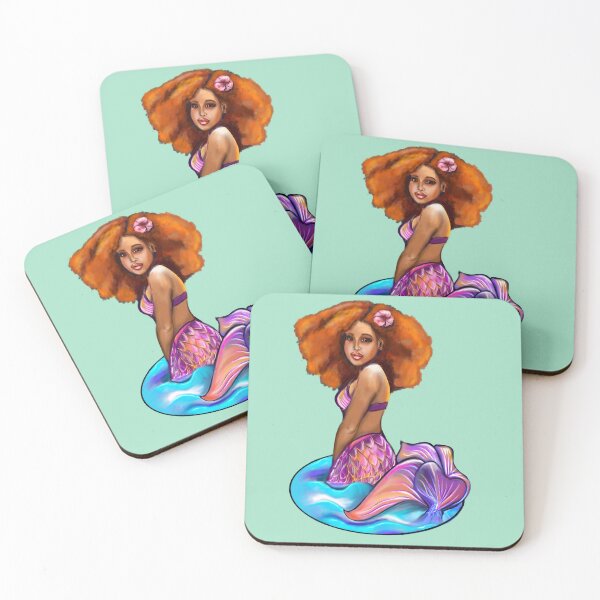 Item preview, Amber the Mermaid princess  with rainbow coloured colored fins, hibiscus, outstretched  arm, brown eyes, Curly hair  and caramel brown skin - light background designed and sold by Artonmytee.