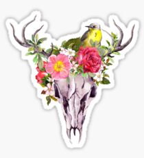 Boho skull with feathers, flowers, bird Sticker