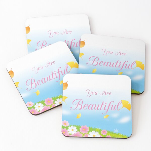 Item preview, You Are Beautiful. Flowers, Blue Sky, Pink text. Positive vibes designed and sold by S Quinn.