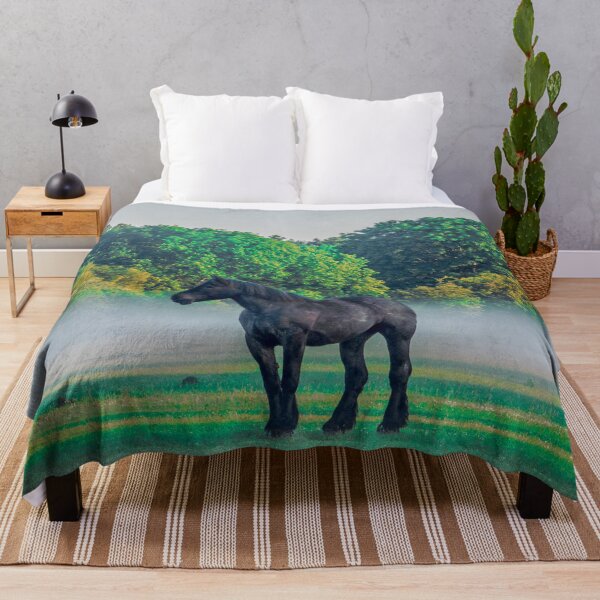 Item preview, Black Horse In Foggy Meadow designed and sold by AnimalLover4eva.