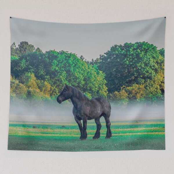 Item preview, Black Horse In Foggy Meadow designed and sold by AnimalLover4eva.